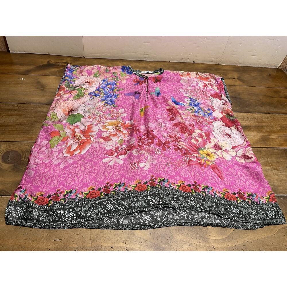 Johnny Was Silk Mandarin Collar Floral Butterfly Cap Sleeve Top XS